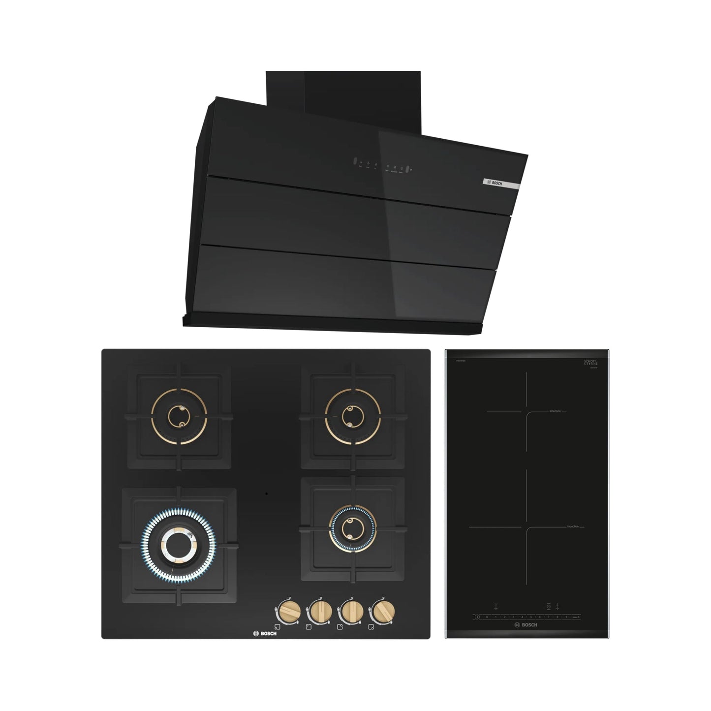 Bosch 90 cm Wall Mounted Chimney DWK98IJ60I + Bosch 60 cm 4 Burner Hob True Brass 2D PNH6B6F20I + Bosch 2 Zones Induction Hob PIB375FB5I