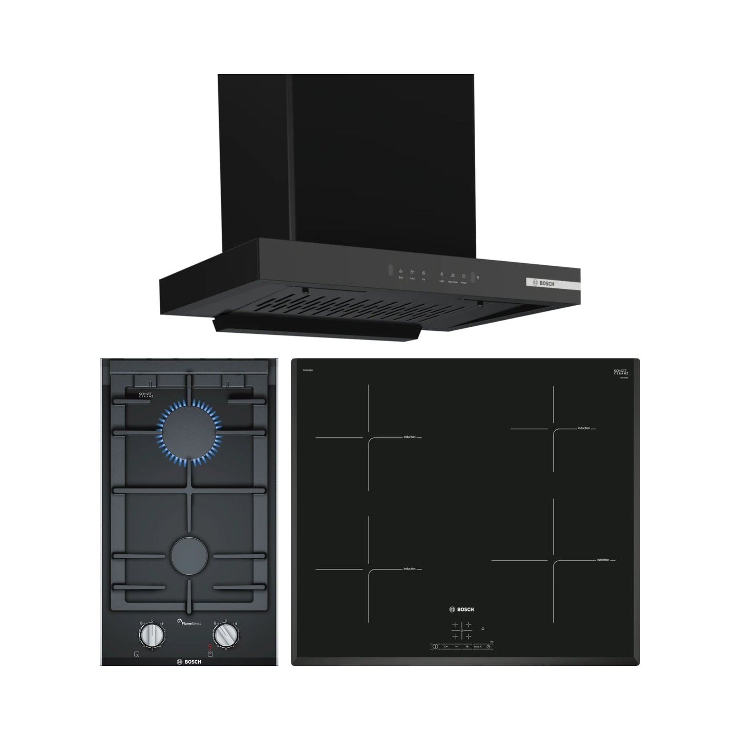 Bosch 60 cm Wall Mounted Chimney DWB68IJ60I + Bosch 30 cm 2 Burner Hob PRB3A6D70I + Bosch 4 Zones Induction Hob PIE651BB5I