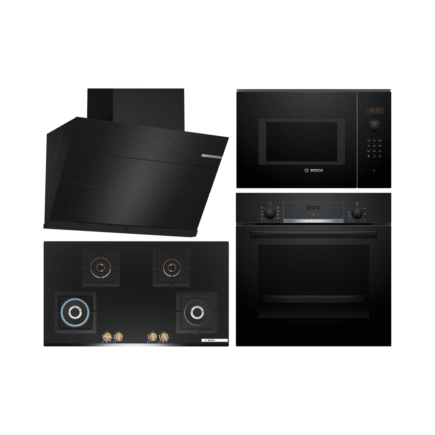 Bosch Built In Oven HBJ534EB0I + Bosch Built-In Microwave Series 6 BEL553MB0I + Bosch 90 cm Wall Mounted Chimney Self Clean Series DWKA98H60I + Bosch 90 cm 4 Burner Hob Series 6 True Brass 3D PNF9B6G20I