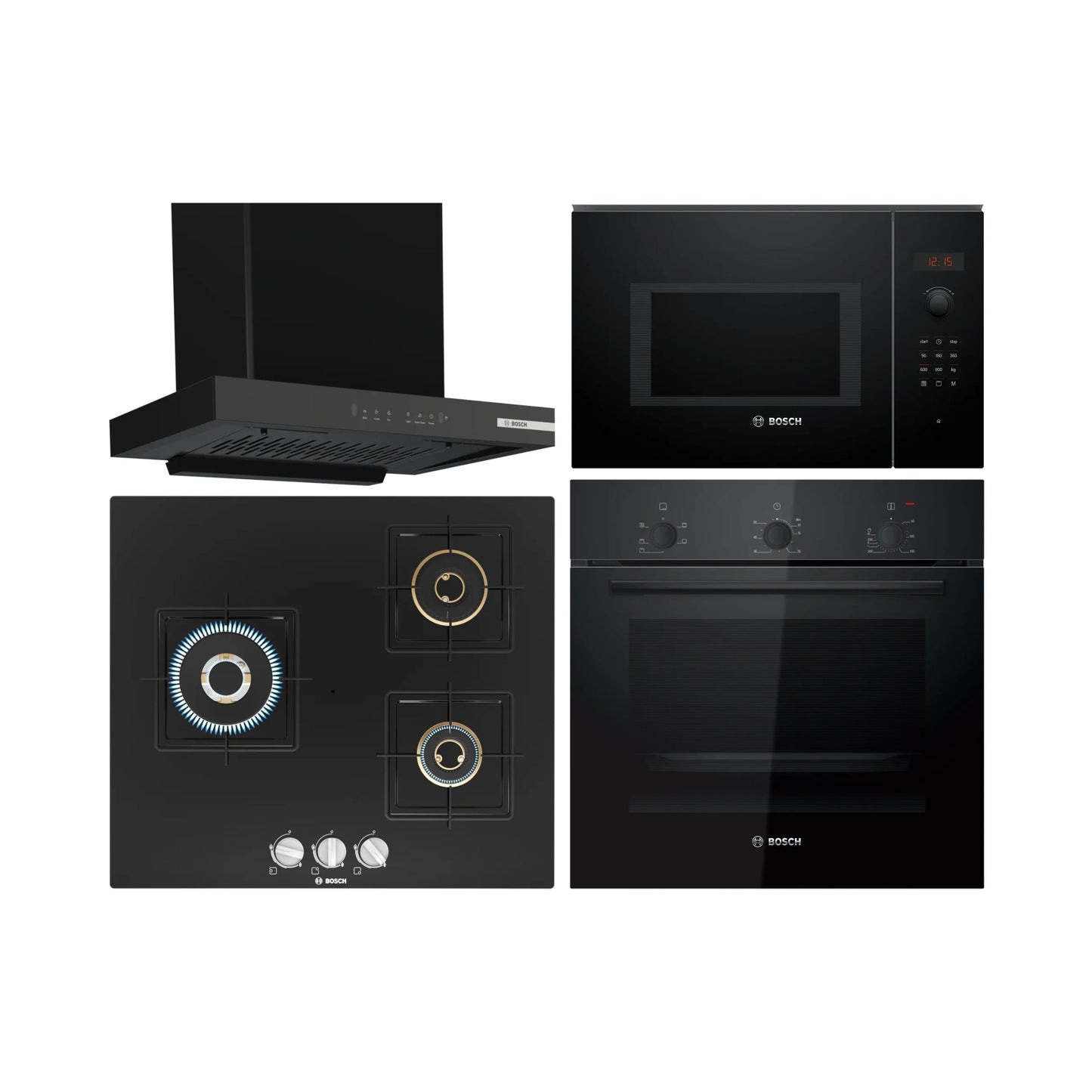 Bosch Built In Oven HBF011BA1I + Bosch Built-In Microwave Series 6 BEL553MB0I + Bosch 60 cm Wall Mounted Chimney DWB68IJ60I + Bosch 60 cm 3 Burner Hob True Brass 2D PNC6B6F10I