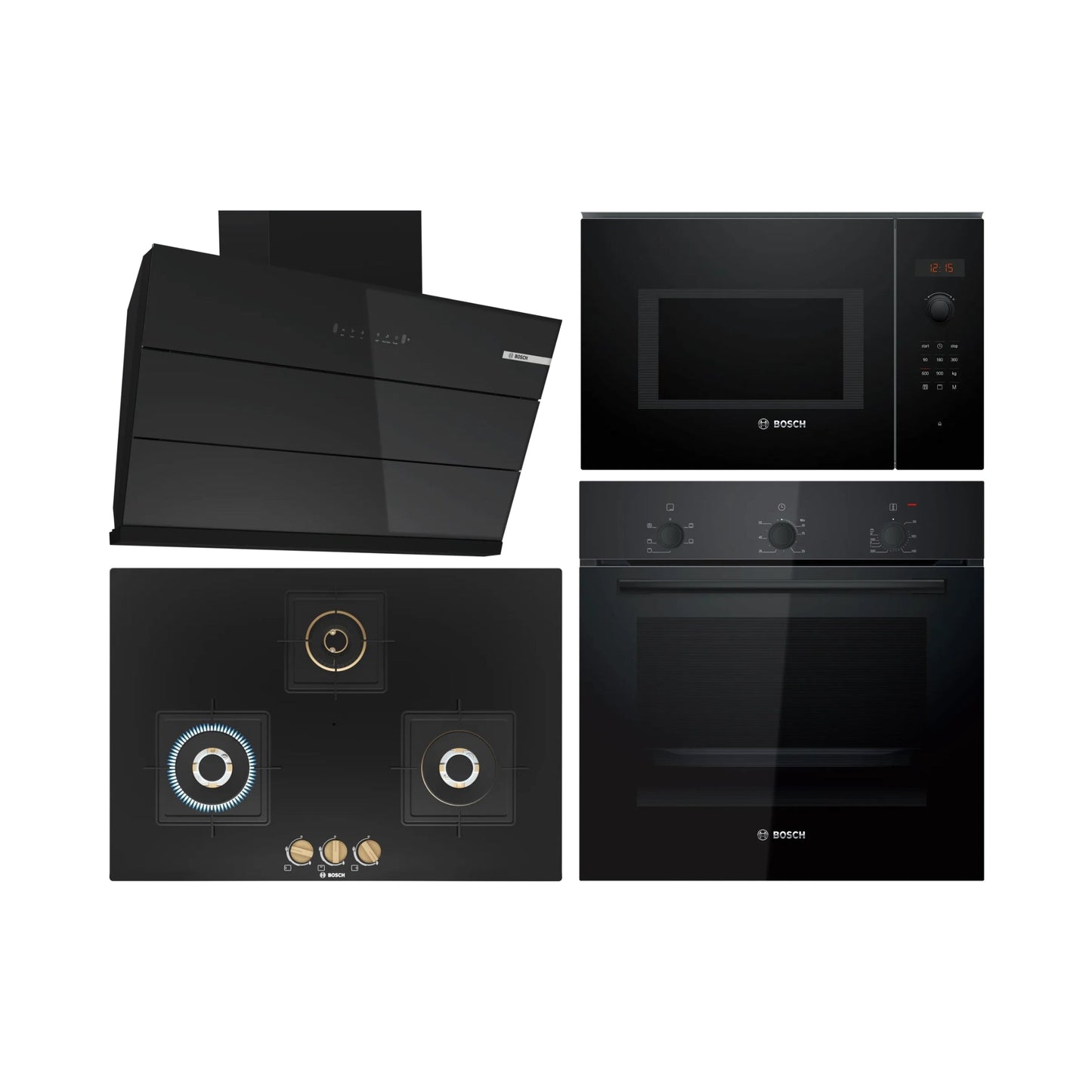Bosch Built In Oven HBF011BA1I + Bosch Built-In Microwave Series 6 BEL553MB0I + Bosch 90 cm Wall Mounted Chimney DWK98IJ60I + Bosch 75 cm 3 Burner Hob True Brass 2D PND7B6F20I