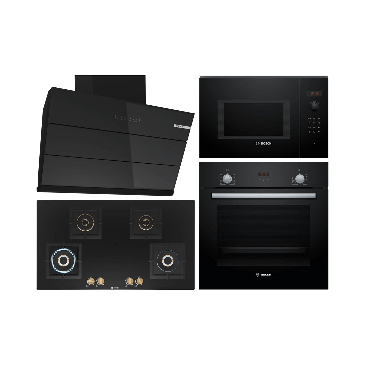 Bosch Built In Oven HBF532BA0I + Bosch Built-In Microwave Series 6 BEL553MB0I + Bosch 90 cm Wall Mounted Chimney DWK98IJ60I + Bosch 90 cm 4 Burner Hob True Brass 2D PNF9B6F20I
