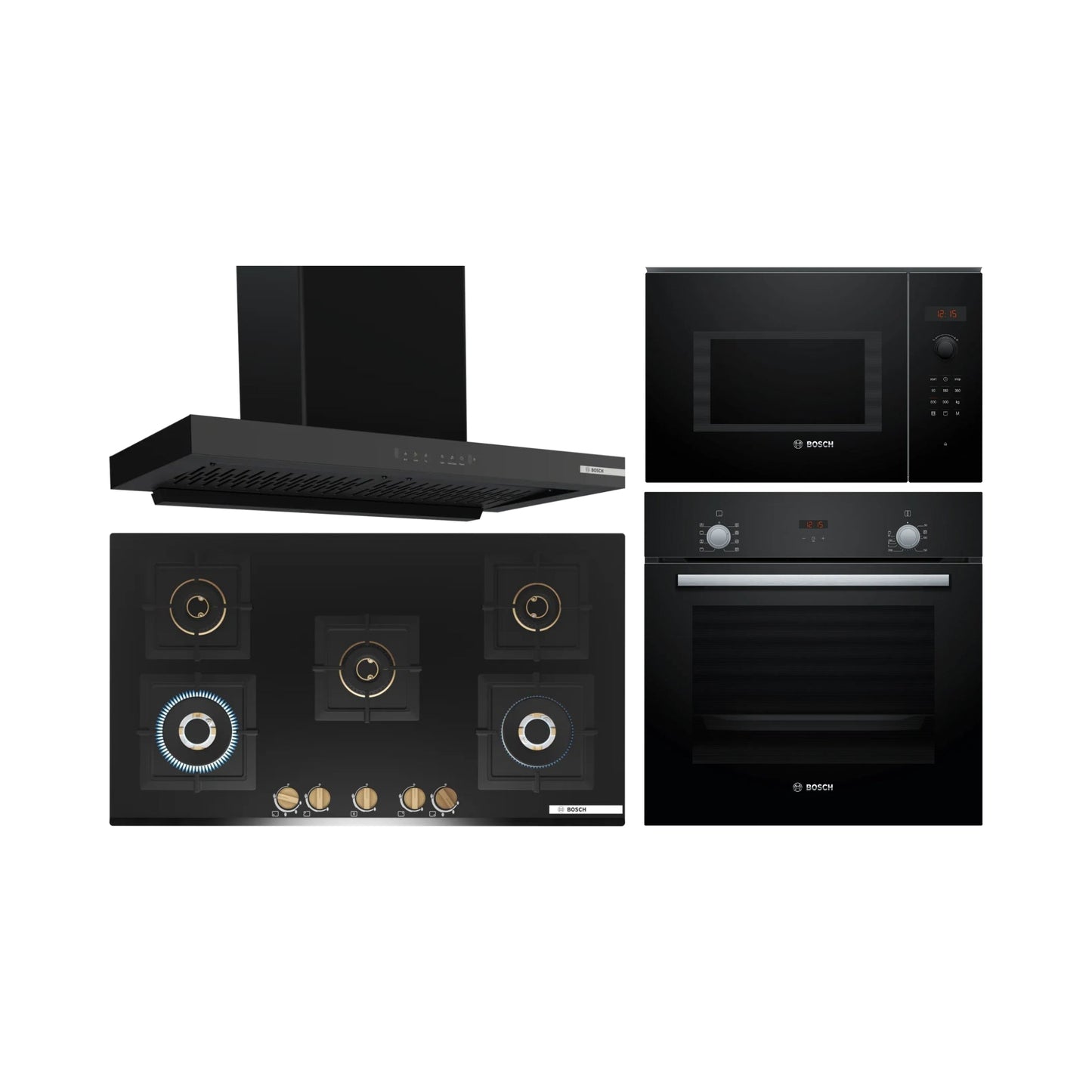 Bosch Built In Oven HBF532BA0I + Bosch Built-In Microwave Series 6 BEL553MB0I + Bosch 90 cm Wall Mounted Chimney DWB98IJ60I + Bosch 90 cm 5 Burner Hob True Brass 3D PNV9B6G20I