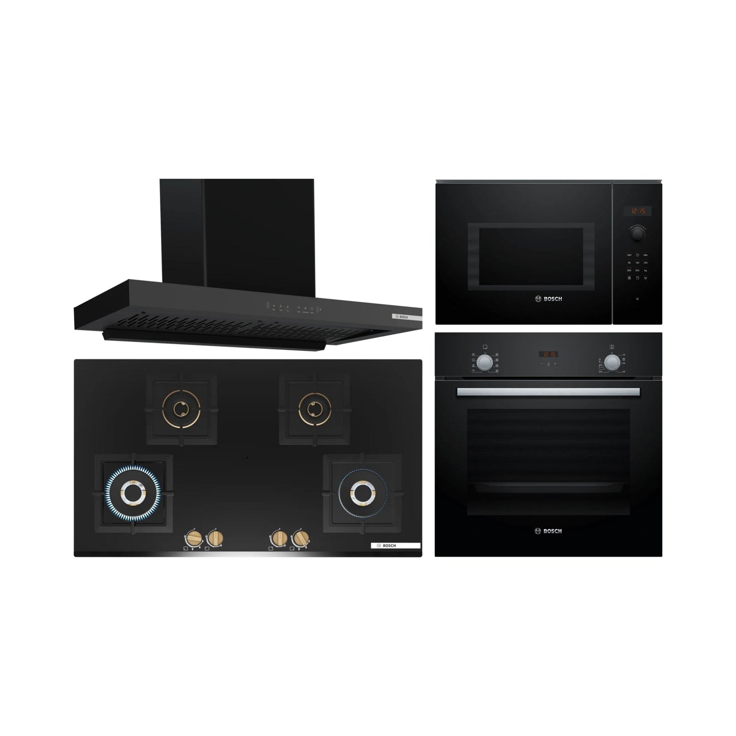 Bosch Built In Oven HBF532BA0I + Bosch Built-In Microwave Series 6 BEL553MB0I + Bosch 90 cm Wall Mounted Chimney DWB98IJ60I + Bosch 90 cm 4 Burner Hob Series 6 True Brass 3D PNF9B6G20I