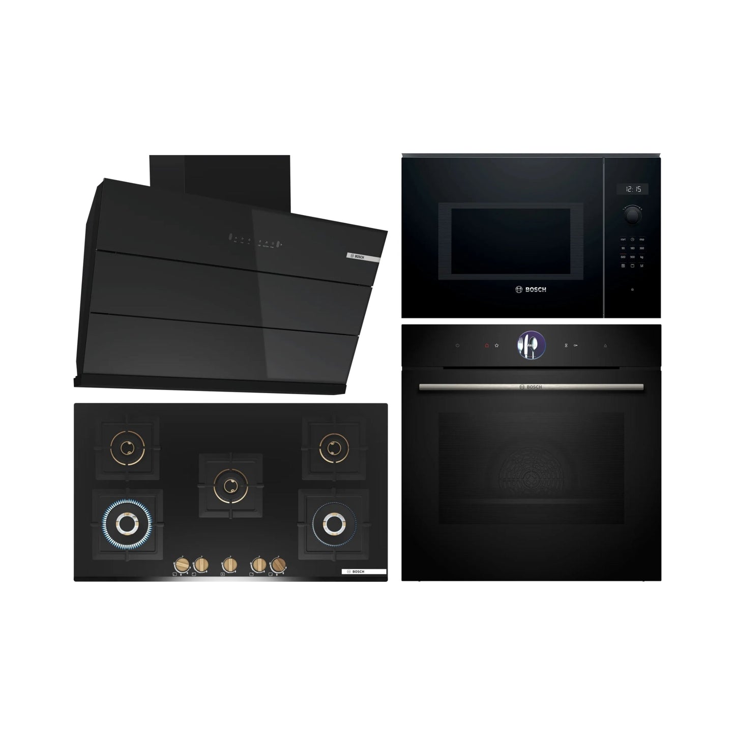 Bosch Built In Oven with Full Steam Function HSG7361B1 + Bosch Built-In Microwave Series 6 BEL554MB0I + Bosch 90 cm Wall Mounted Chimney DWK98IJ60I + Bosch 90 cm 5 Burner Hob True Brass 3D PNV9B6G20I