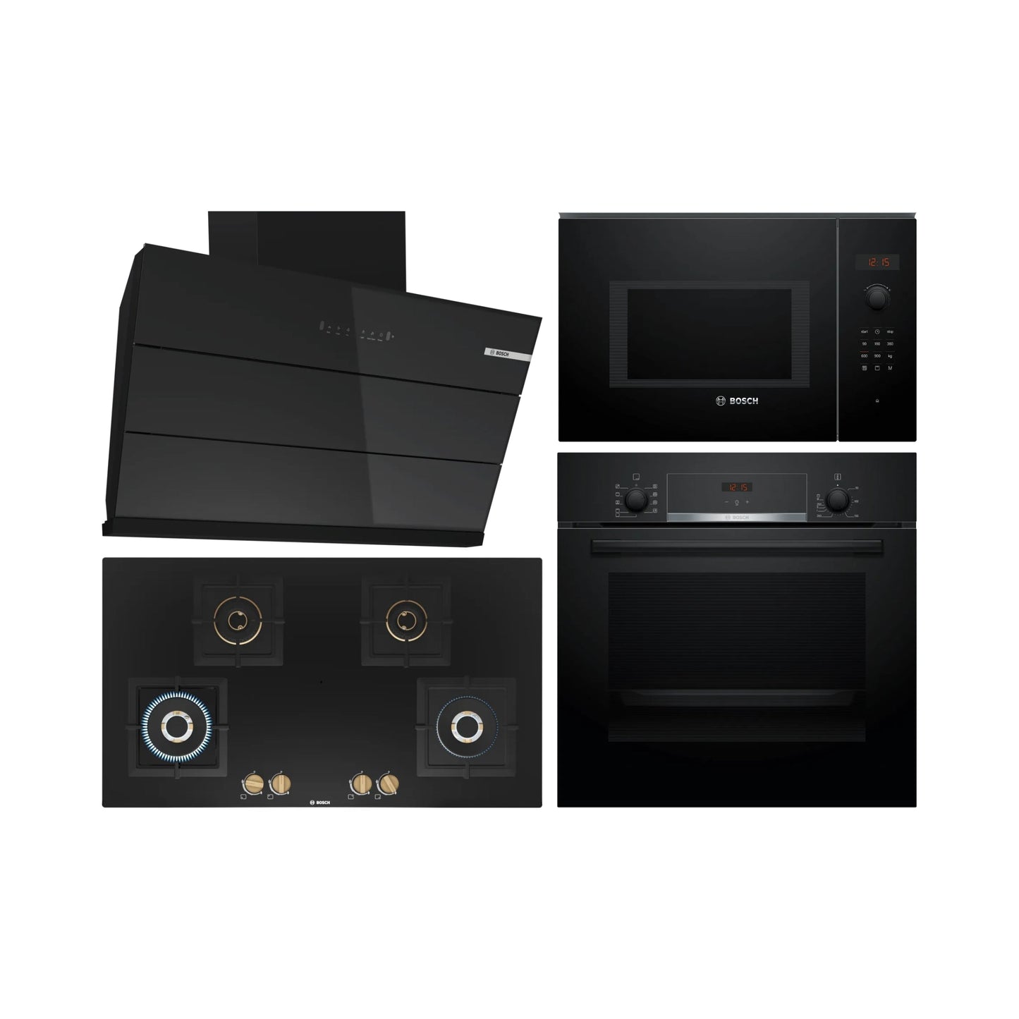 Bosch Built In Oven HBJ534EB0I + Bosch Built-In Microwave Series 6 BEL553MB0I + Bosch 90 cm Wall Mounted Chimney DWK98IJ60I + Bosch 90 cm 4 Burner Hob True Brass 2D PNF9B6F20I