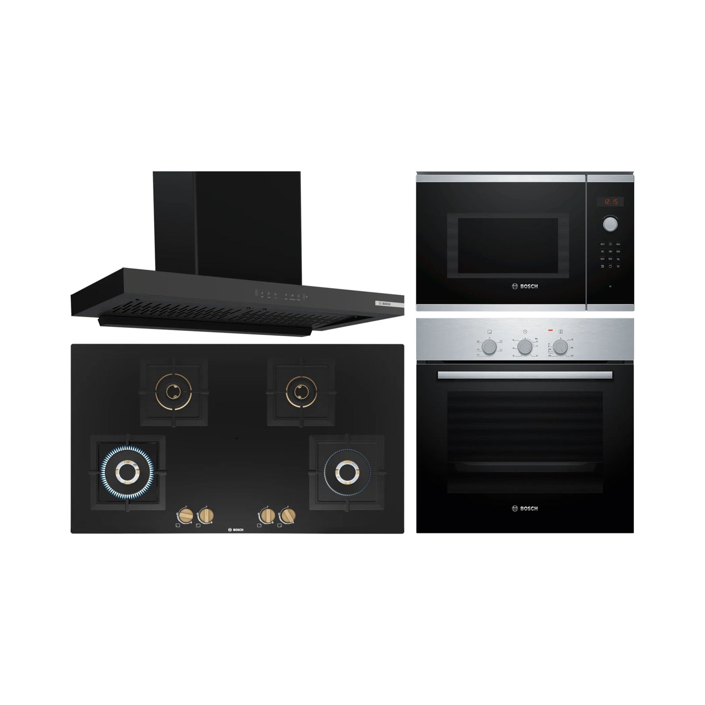 Bosch Built In Oven HBF011BR1I + Bosch Built-In Microwave Series 4 BEL553MS0I + Bosch 90 cm Wall Mounted Chimney DWB98IJ60I + Bosch 90 cm 4 Burner Hob True Brass 2D PNF9B6F20I