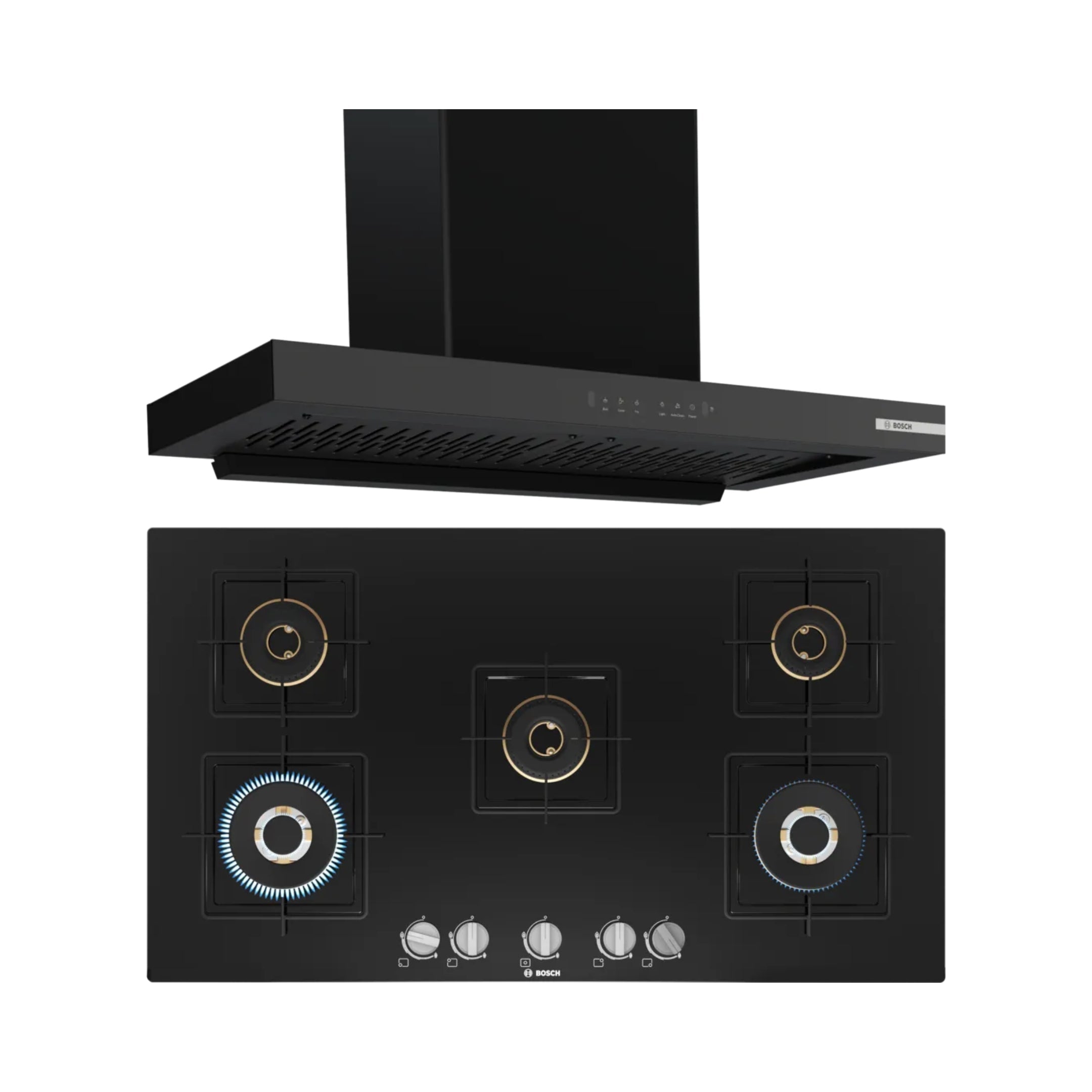 Bosch 90 cm Wall Mounted Chimney DWB98IJ60I + Bosch 90 cm 5 Burner Hob True Brass 2D PNV9B6F10I