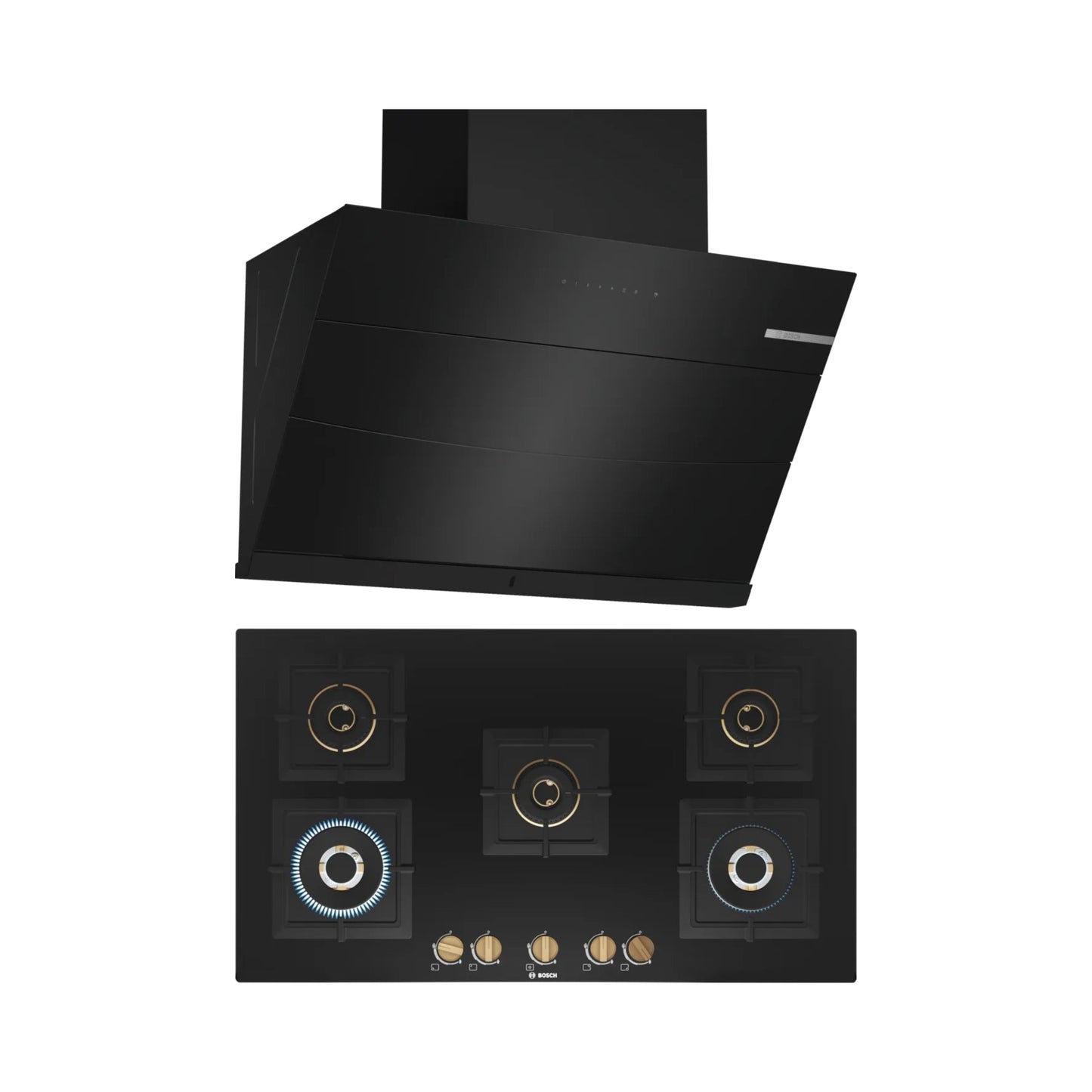 Bosch 90 cm Wall Mounted Chimney Self Clean Series DWKA98H60I + Bosch 90 cm 5 Burner Hob True Brass 2D PNV9B6F20I
