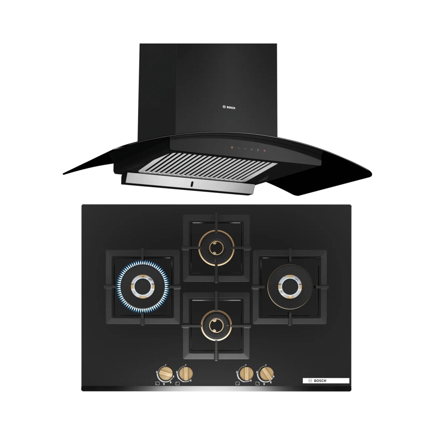 Bosch 90 cm Wall Mounted Chimney Self Clean Series DWHA98G60I + Bosch 75 cm 4 Burner Hob Series 6 True Brass 3D PNI7B6G20I