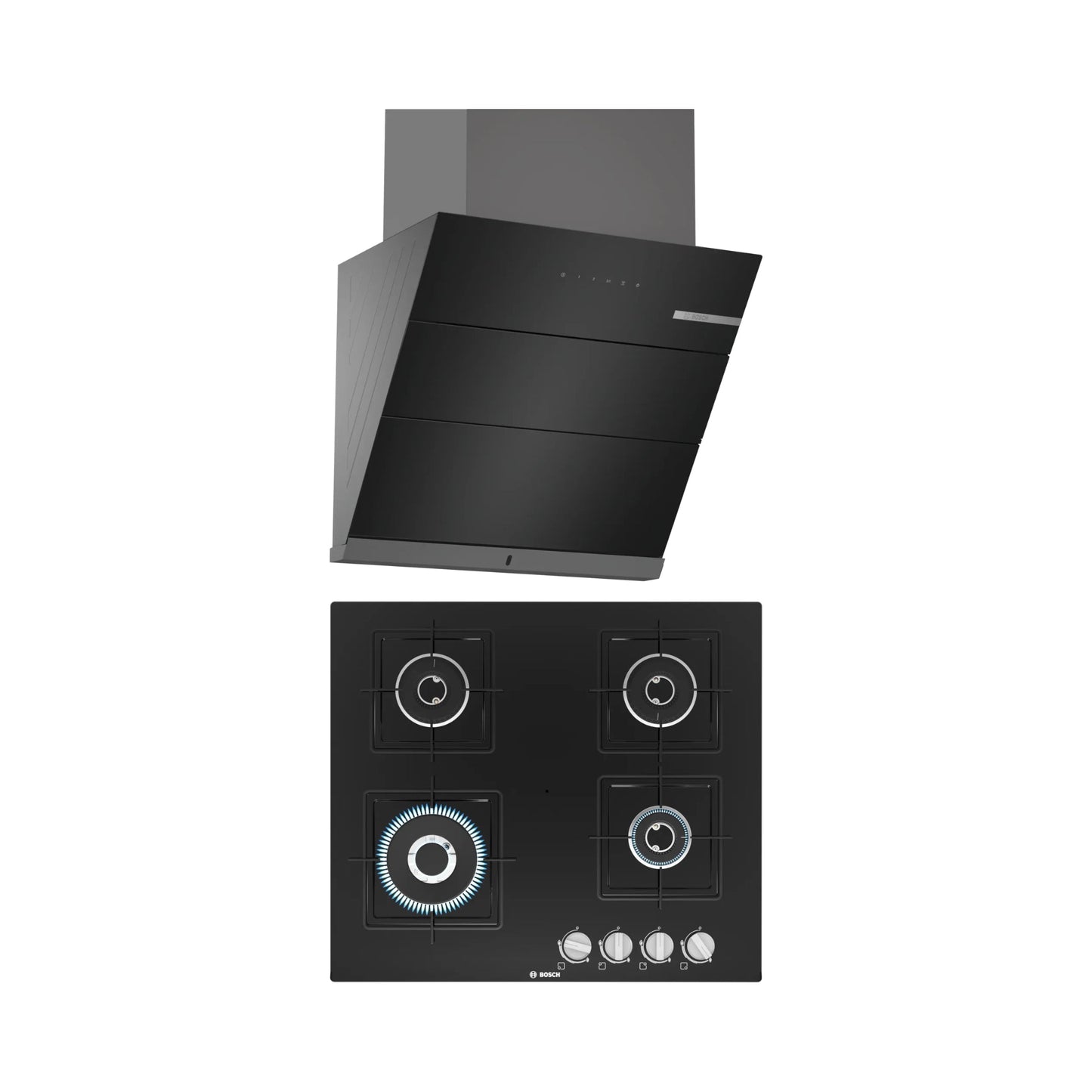 Bosch 60 cm Wall Mounted Chimney Self Clean Series DWKA68G60I + Bosch 60 cm 4 Burner Hob True AL 2D PNH6B6B12I