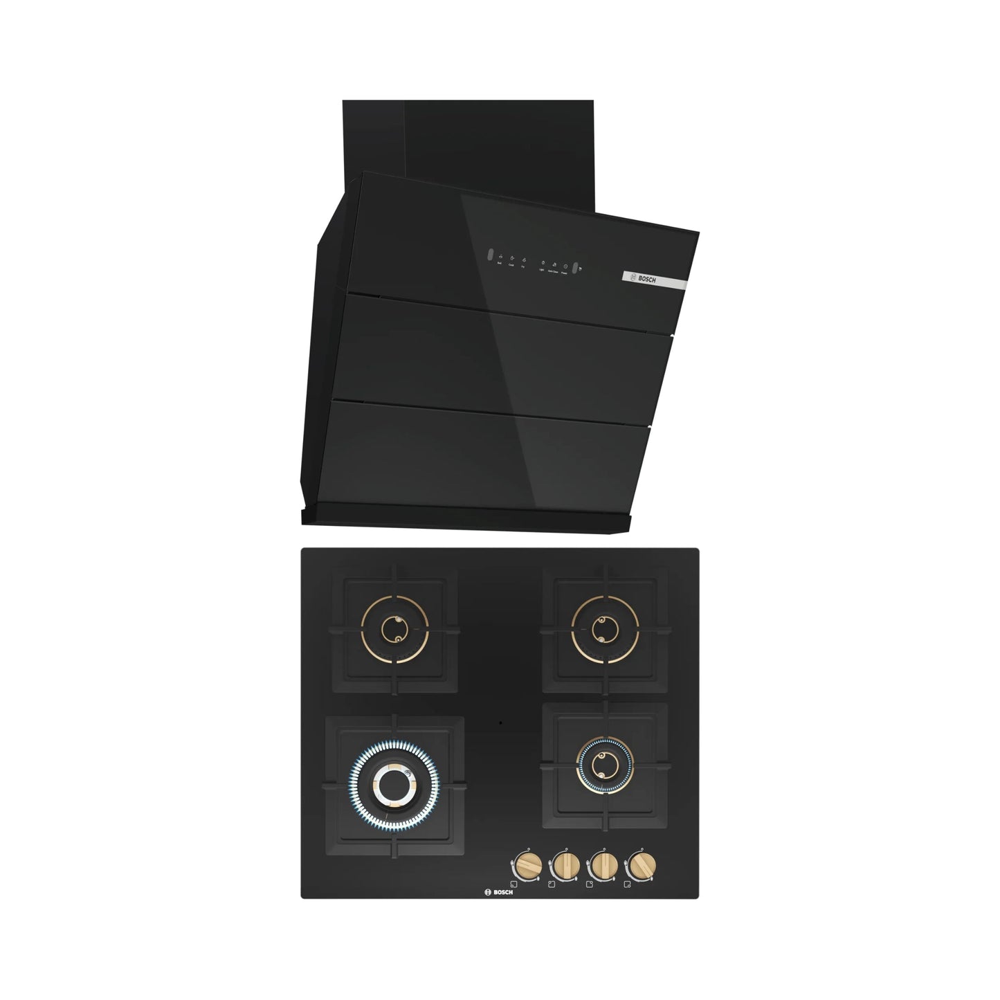 Bosch 60 cm Wall Mounted Chimney DWK68IJ60I + Bosch 60 cm 4 Burner Hob True Brass 2D PNH6B6F20I