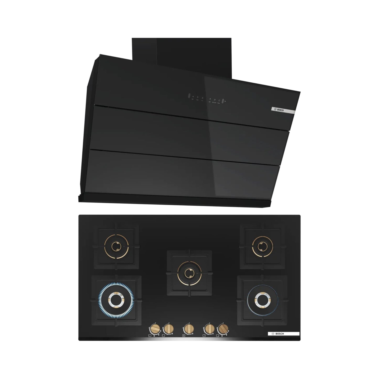 Bosch 90 cm Wall Mounted Chimney DWK98IJ60I + Bosch 90 cm 5 Burner Hob True Brass 3D PNV9B6G20I
