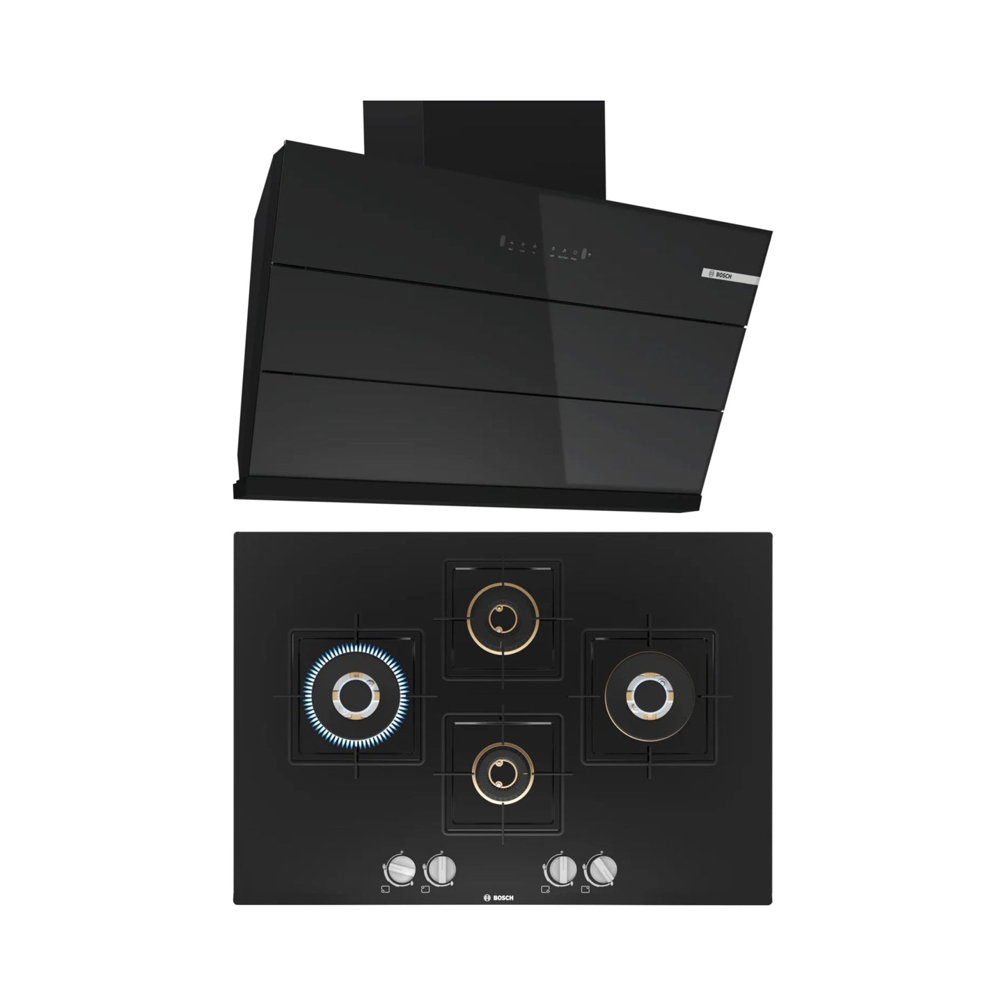 Bosch 90 cm Wall Mounted Chimney DWK98IJ60I + Bosch 75 cm 4 Burner Hob True Brass 2D PNI7B6F10I