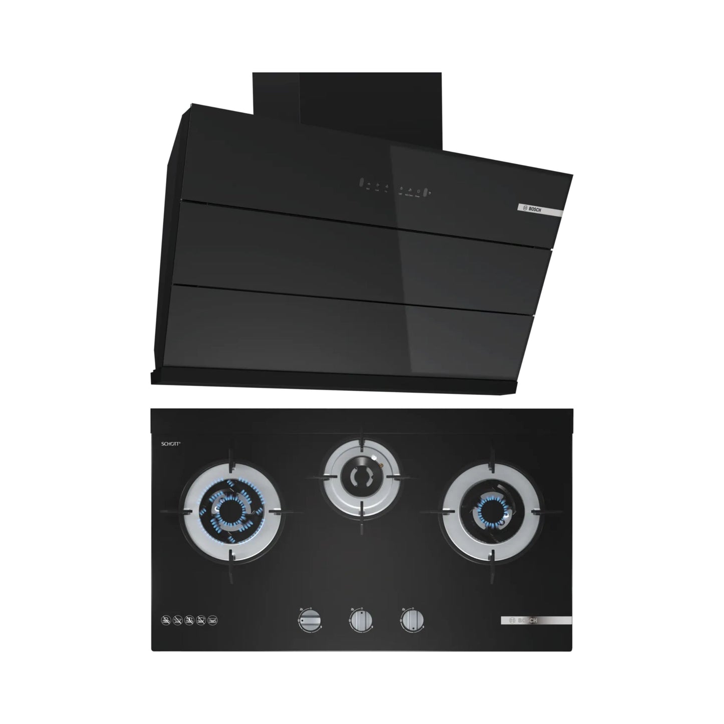 Bosch 90 cm Wall Mounted Chimney DWK98IJ60I + Bosch 70 cm 3 Burner Hob True Brass 3D Wheel PMD83D31NX
