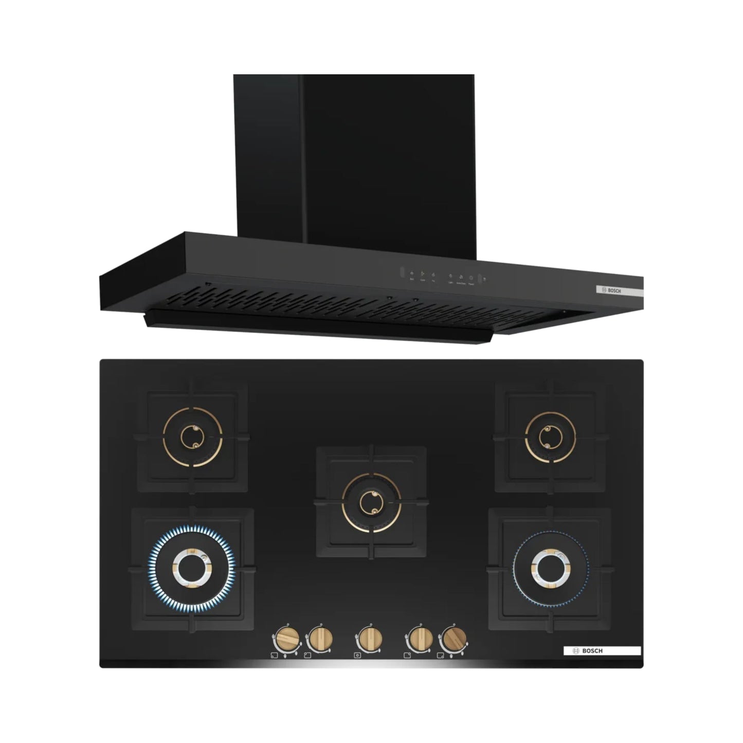 Bosch 90 cm Wall Mounted Chimney DWB98IJ60I + Bosch 90 cm 5 Burner Hob True Brass 3D PNV9B6G20I
