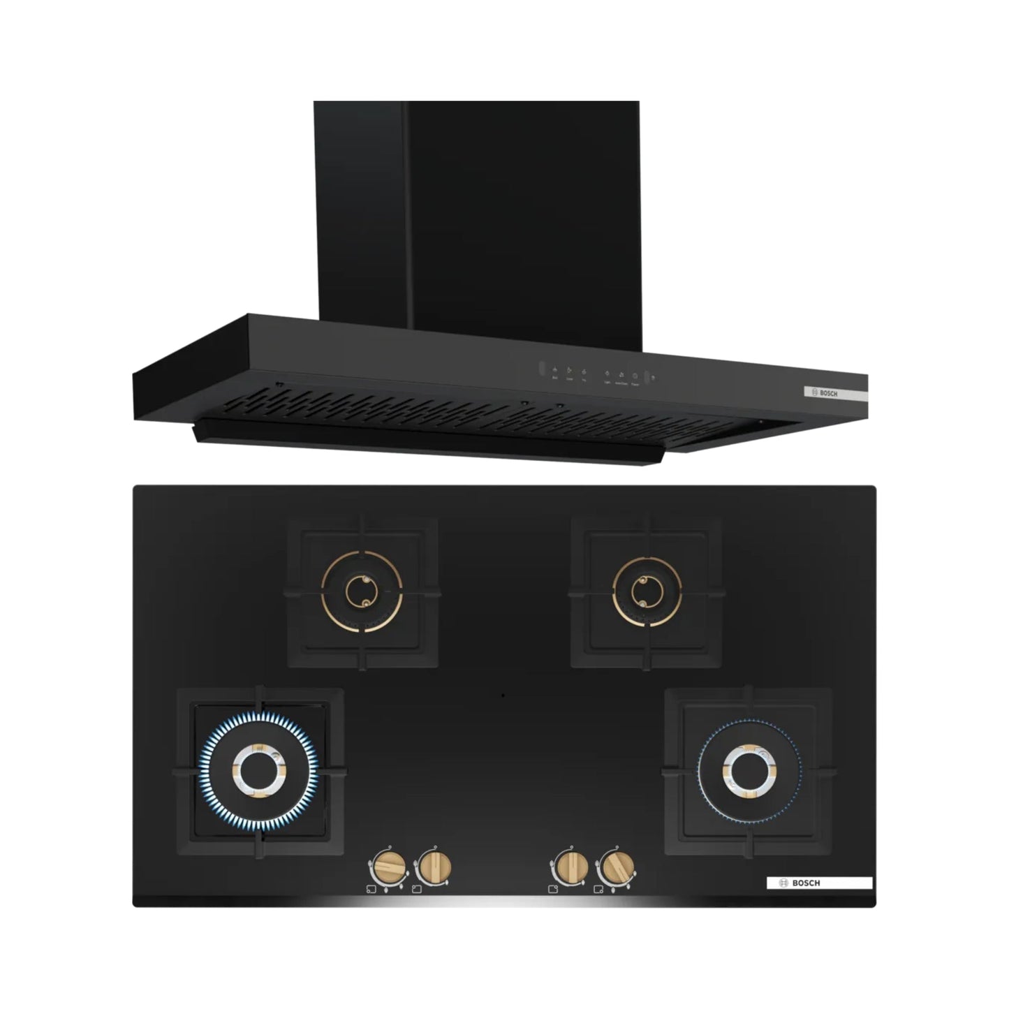Bosch 90 cm Wall Mounted Chimney DWB98IJ60I + Bosch 90 cm 4 Burner Hob Series 6 True Brass 3D PNF9B6G20I