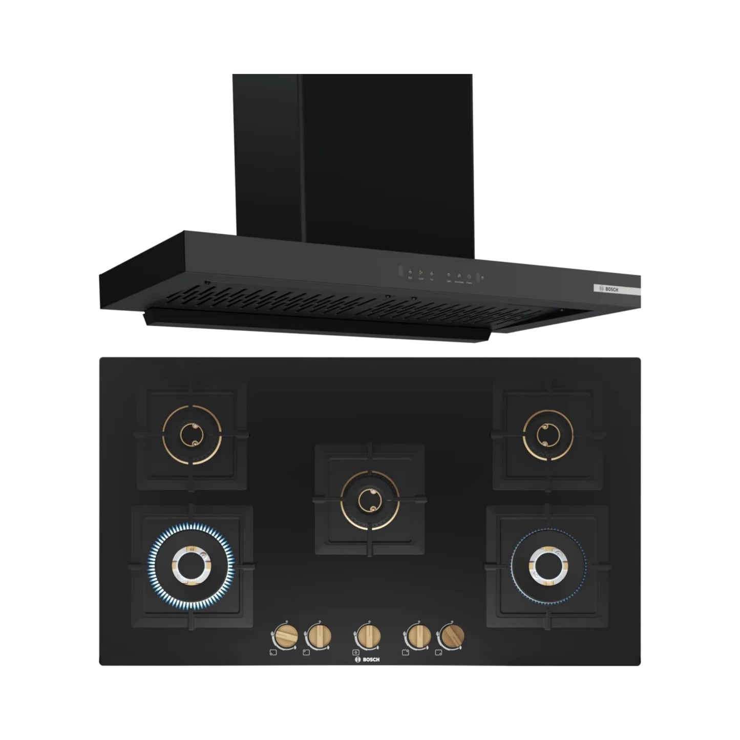 Bosch 90 cm Wall Mounted Chimney DWB98IJ60I + Bosch 90 cm 5 Burner Hob True Brass 2D PNV9B6F20I