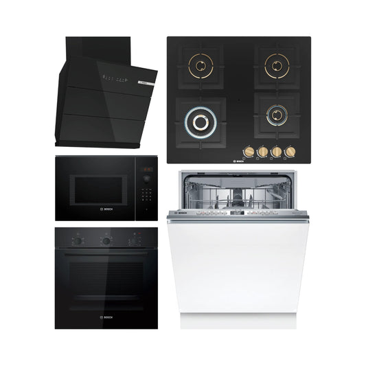 Bosch Built In Oven HBF011BA1I + Bosch Built-In Microwave Series 6 BEL553MB0I + Bosch 60 cm Wall Mounted Chimney DWK68IJ60I + Bosch 60 cm 4 Burner Hob True Brass 2D PNH6B6F20I + Bosch Built In Dishwasher Series 6 SMV6HMX01I with 15 Place Settings