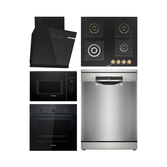 Bosch Built In Oven HBF011BA1I + Bosch Built-In Microwave Series 6 BEL553MB0I + Bosch 60 cm Wall Mounted Chimney DWK68IJ60I + Bosch 60 cm 4 Burner Hob True Brass 2D PNH6B6F20I + Bosch Free Standing Dishwasher Series 6 SMS6HMI01I with 15 Place Settings