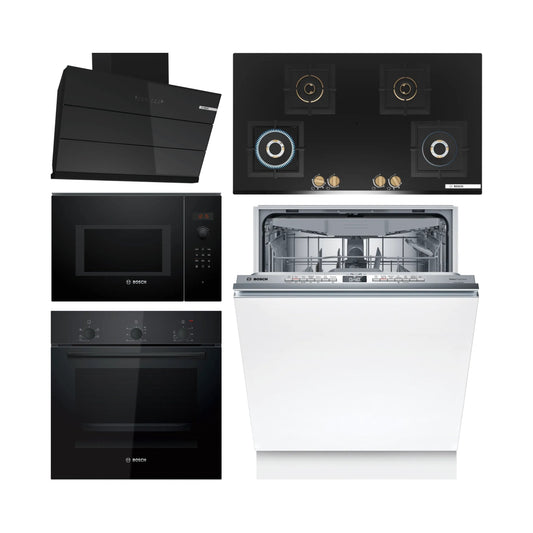 Bosch Built In Oven HBF011BA1I + Bosch Built-In Microwave Series 6 BEL553MB0I + Bosch 90 cm Wall Mounted Chimney DWK98IJ60I + Bosch 90 cm 4 Burner Hob Series 6 True Brass 3D PNF9B6G20I + Bosch Built In Dishwasher Series 6 SMV6HMX01I with 15 Place Settings