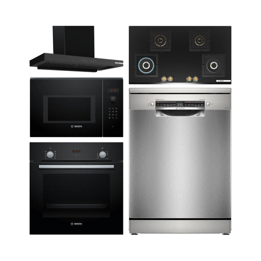 Bosch Built In Oven HBF532BA0I + Bosch Built-In Microwave Series 6 BEL553MB0I + Bosch 90 cm Wall Mounted Chimney DWB98IJ60I + Bosch 90 cm 4 Burner Hob Series 6 True Brass 3D PNF9B6G20I + Bosch Free Standing Dishwasher Series 6 SMS6HMI01I with 15 Place Settings