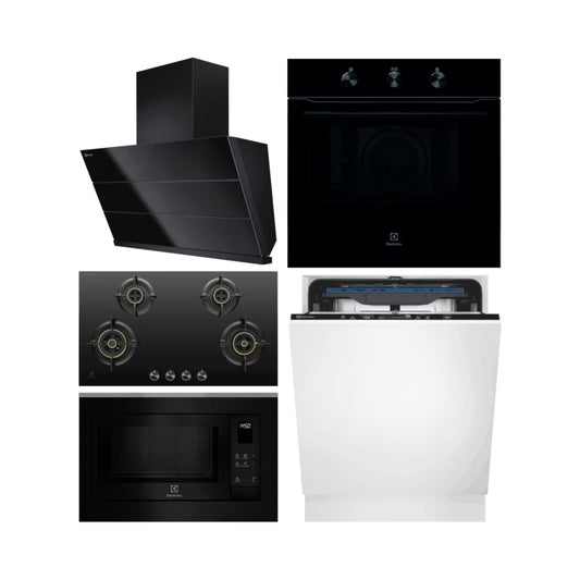 Electrolux Built In Oven UltimateTaste 300 KOHLH00KA + Electrolux Built-In Microwave UltimateTaste 500 EMSB25XG + Electrolux 90 cm Wall Mounted Chimney UltimateTaste 700 Series ECS9941GB + Electrolux 90 cm 4 Burner Hob UltimateTaste 300 EHG9430BCI + Electrolux Built In Dishwasher UltimateCare 700 EEM48330L with 14 Place Settings