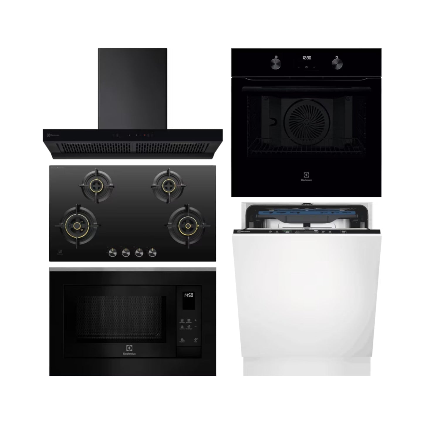 Electrolux Built In Oven With Air Fryer UltimateTaste 500 KOIGH00KA2 + Electrolux Built-In Microwave UltimateTaste 500 EMSB25XG + Electrolux 90 cm Wall Mounted Chimney UltimateTaste 700 Series ECT9841KB + Electrolux 90 cm 4 Burner Hob UltimateTaste 300 EHG9430BCI + Electrolux Built In Dishwasher UltimateCare 700 EEM48330L with 14 Place Settings