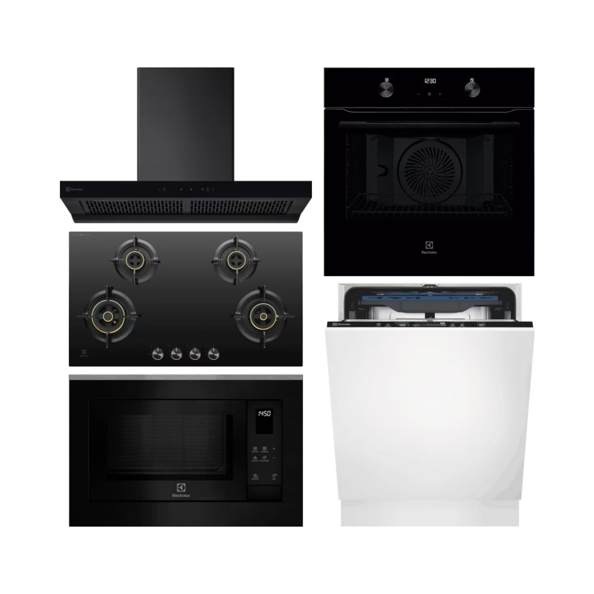 Electrolux Built In Oven With Air Fryer UltimateTaste 500 KOIGH00KA2 + Electrolux Built-In Microwave UltimateTaste 500 EMSB25XG + Electrolux 90 cm Wall Mounted Chimney UltimateTaste 700 Series ECT9841KB + Electrolux 90 cm 4 Burner Hob UltimateTaste 300 EHG9430BCI + Electrolux Built In Dishwasher UltimateCare 700 EEM48330L with 14 Place Settings