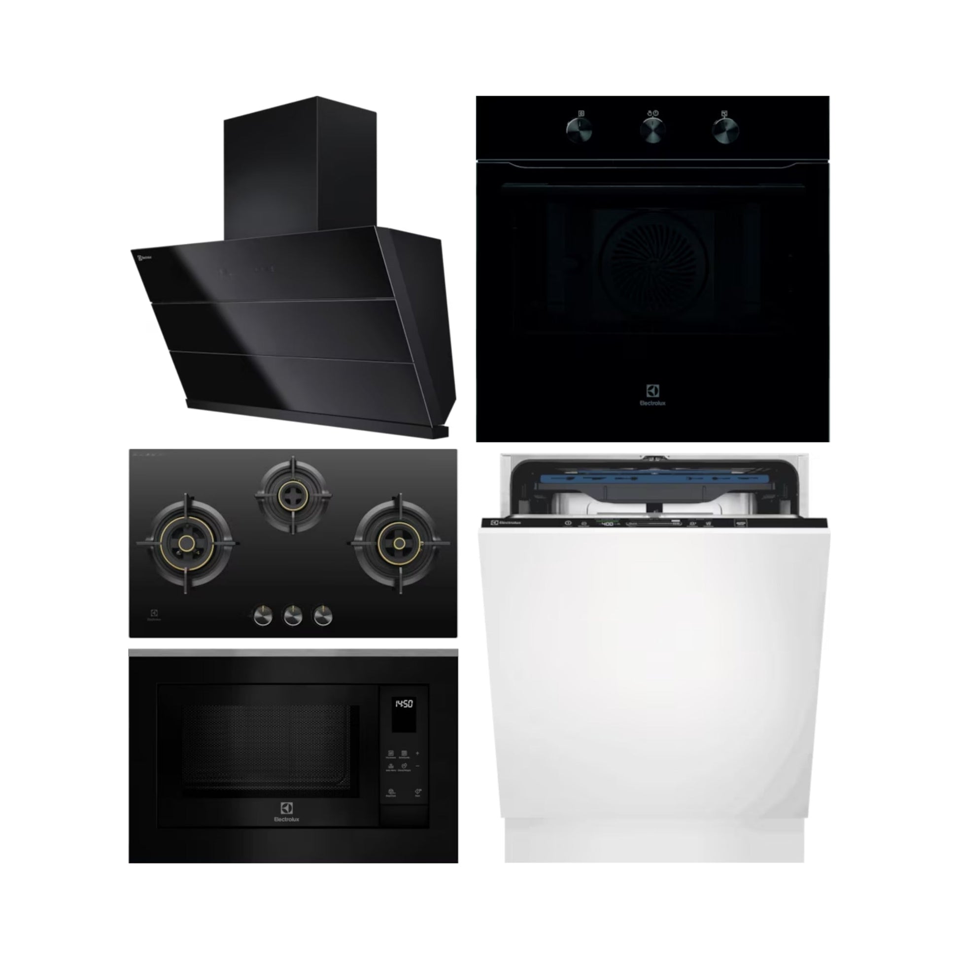 Electrolux Built In Oven UltimateTaste 300 KOHLH00KA + Electrolux Built-In Microwave UltimateTaste 500 EMSB25XG + Electrolux 90 cm Wall Mounted Chimney UltimateTaste 700 Series ECS9941GB + Electrolux 78 cm 3 Burner Hob UltimateTaste 300 EHG7330BC + Electrolux Built In Dishwasher UltimateCare 700 EEM48330L with 14 Place Settings