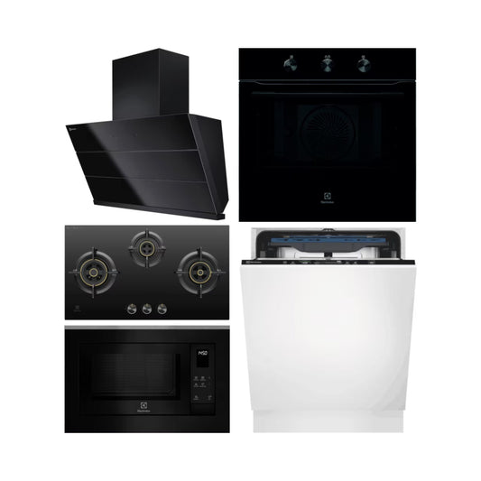 Electrolux Built In Oven UltimateTaste 300 KOHLH00KA + Electrolux Built-In Microwave UltimateTaste 500 EMSB25XG + Electrolux 90 cm Wall Mounted Chimney UltimateTaste 700 Series ECS9941GB + Electrolux 78 cm 3 Burner Hob UltimateTaste 300 EHG7330BC + Electrolux Built In Dishwasher UltimateCare 700 EEM48330L with 14 Place Settings