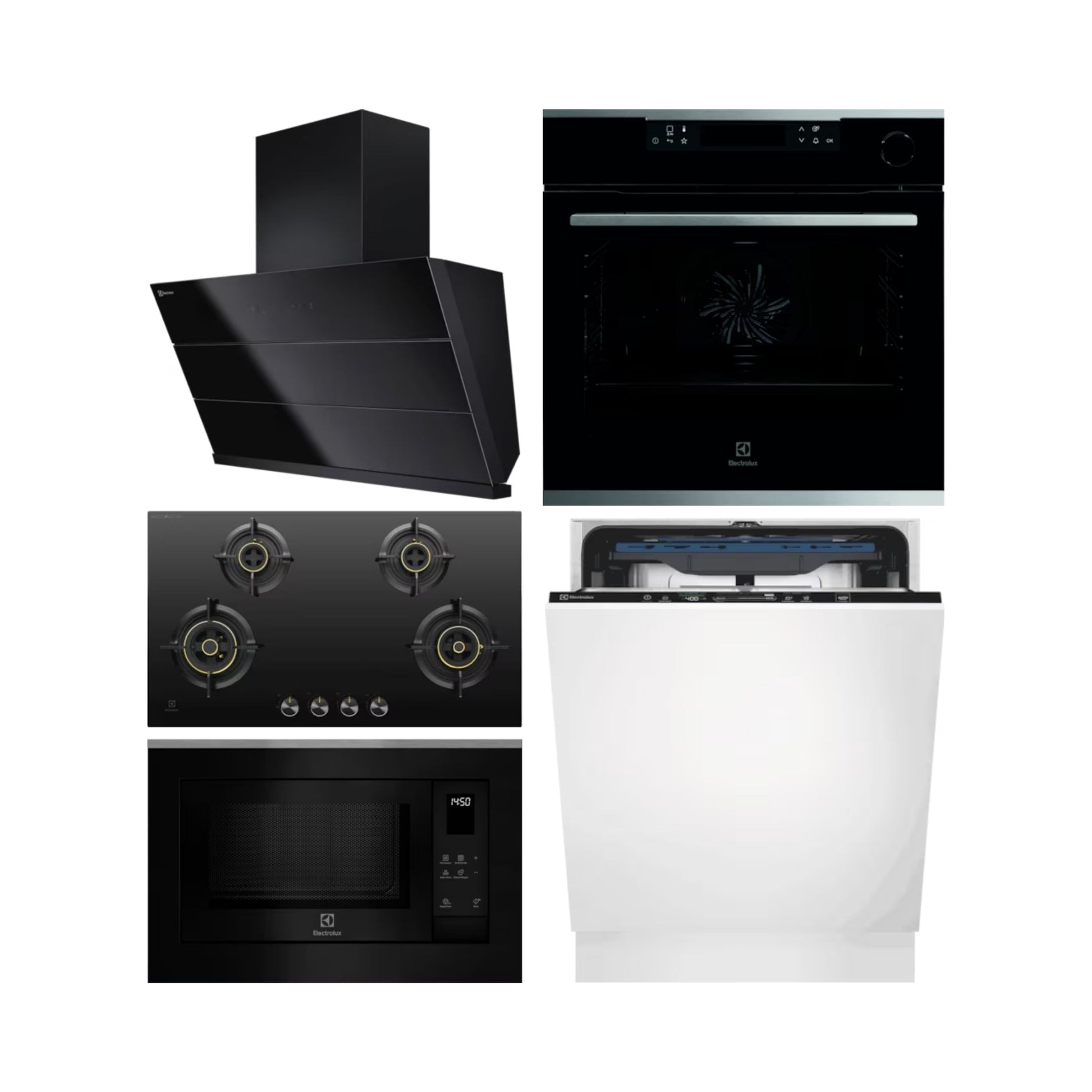 Electrolux Built In Oven with Steam Assist UltimateTaste 700 KOCBP21XA + Electrolux Built-In Microwave UltimateTaste 500 EMSB25XG + Electrolux 90 cm Wall Mounted Chimney UltimateTaste 700 Series ECS9941GB + Electrolux 90 cm 4 Burner Hob UltimateTaste 300 EHG9430BCI + Electrolux Built In Dishwasher UltimateCare 700 EEM48330L with 14 Place Settings
