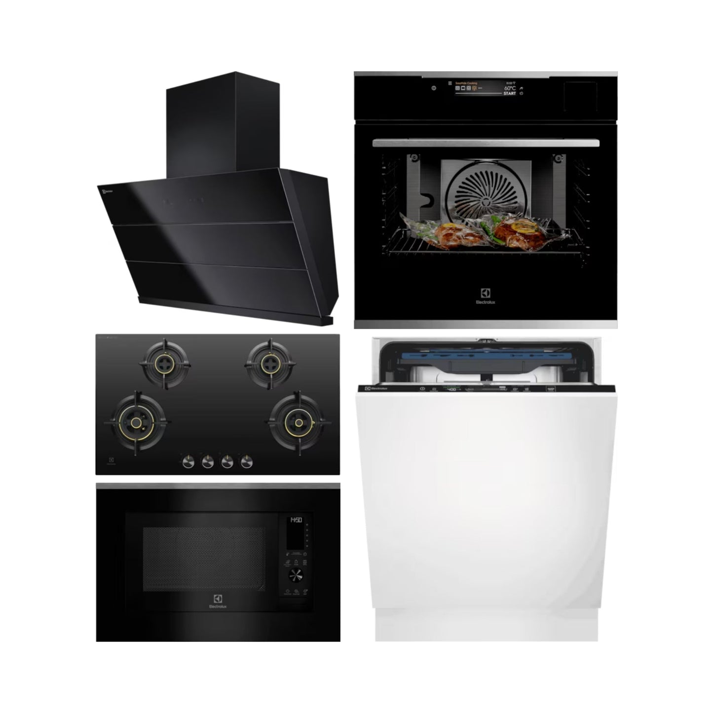 Electrolux Built In Oven with Full Steam Function UltimateTaste 900 KOAAS31X + Electrolux Built-In Convection Microwave with Air Fryer UltimateTaste 900 EMSB30XCF + Electrolux 90 cm Wall Mounted Chimney UltimateTaste 700 Series ECS9941GB + Electrolux 90 cm 4 Burner Hob UltimateTaste 300 EHG9430BCI + Electrolux Built In Dishwasher UltimateCare 700 EEM48330L with 14 Place Settings