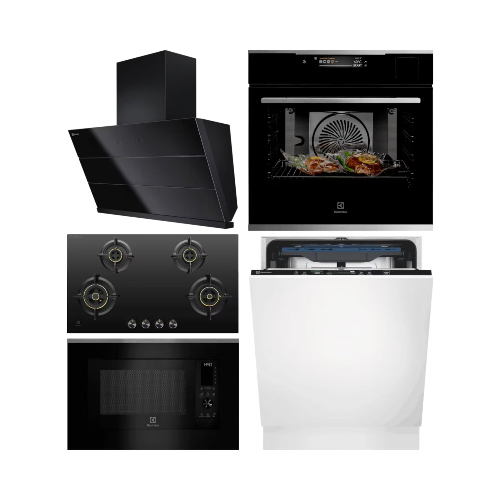 Electrolux Built In Oven with Full Steam Function UltimateTaste 900 KOAAS31X + Electrolux Built-In Convection Microwave with Air Fryer UltimateTaste 900 EMSB30XCF + Electrolux 90 cm Wall Mounted Chimney UltimateTaste 700 Series ECS9941GB + Electrolux 90 cm 4 Burner Hob UltimateTaste 300 EHG9430BCI + Electrolux Built In Dishwasher UltimateCare 700 EEM48330L with 14 Place Settings