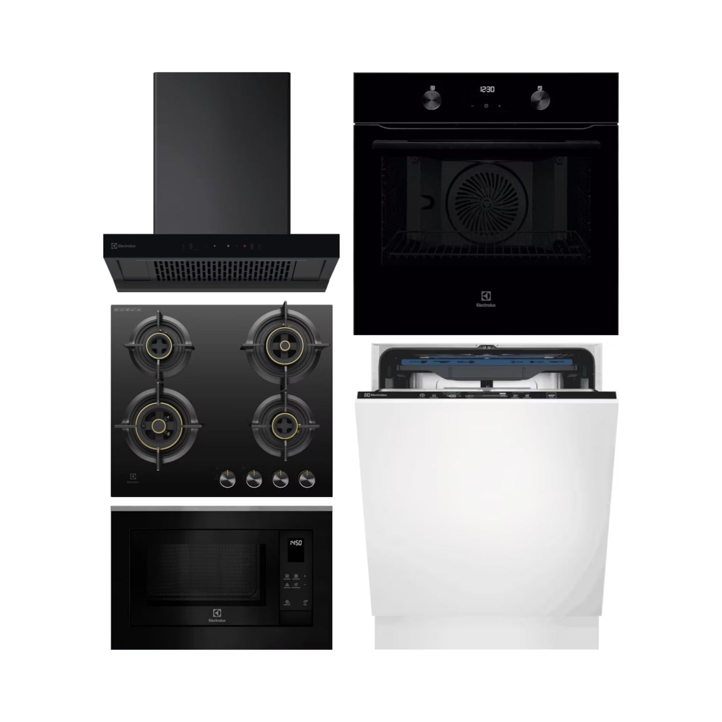 Electrolux Built In Oven With Air Fryer UltimateTaste 500 KOIGH00KA2 + Electrolux Built-In Microwave UltimateTaste 500 EMSB25XG + Electrolux 60 cm Wall Mounted Chimney UltimateTaste 700 Series ECT6841KB + Electrolux 60 cm 4 Burner Hob UltimateTaste 300 EHG6430BC + Electrolux Built In Dishwasher UltimateCare 700 EEM48330L with 14 Place Settings