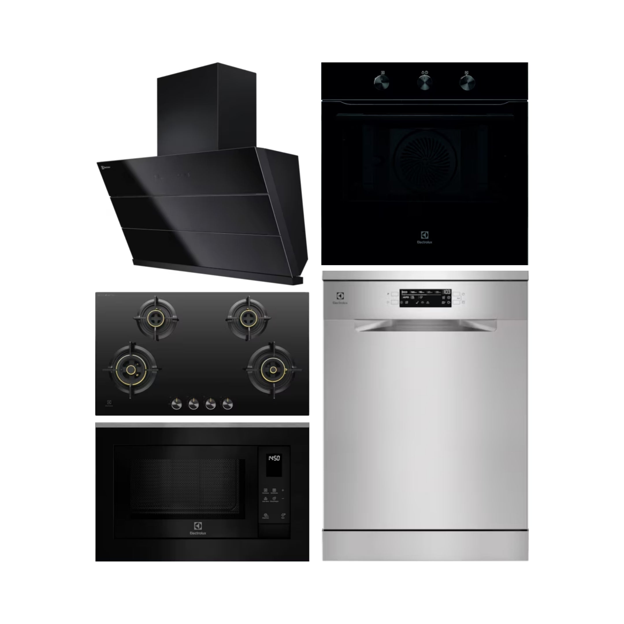 Electrolux Built In Oven UltimateTaste 300 KOHLH00KA + Electrolux Built-In Microwave UltimateTaste 500 EMSB25XG + Electrolux 90 cm Wall Mounted Chimney UltimateTaste 700 Series ECS9941GB + Electrolux 90 cm 4 Burner Hob UltimateTaste 300 EHG9430BCI + Electrolux Free Standing Dishwasher UltimateCare 700 ESM48310SX with 14 Place Settings