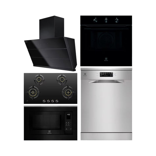 Electrolux Built In Oven UltimateTaste 300 KOHLH00KA + Electrolux Built-In Microwave UltimateTaste 500 EMSB25XG + Electrolux 90 cm Wall Mounted Chimney UltimateTaste 700 Series ECS9941GB + Electrolux 90 cm 4 Burner Hob UltimateTaste 300 EHG9430BCI + Electrolux Free Standing Dishwasher UltimateCare 700 ESM48310SX with 14 Place Settings