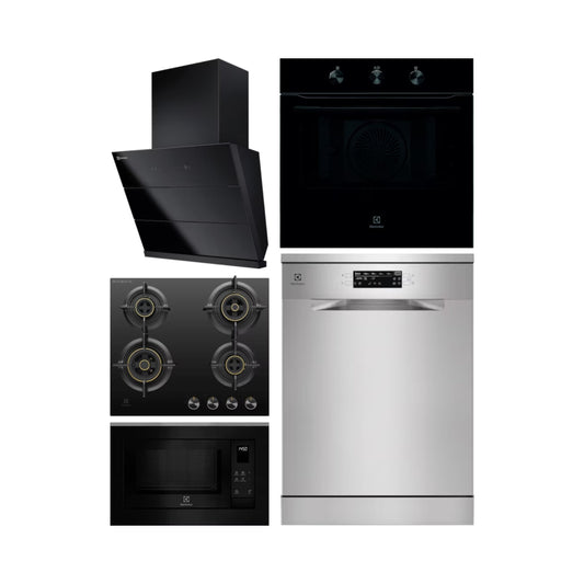 Electrolux Built In Oven UltimateTaste 300 KOHLH00KA + Electrolux Built-In Microwave UltimateTaste 500 EMSB25XG + Electrolux 60 cm Wall Mounted Chimney UltimateTaste 700 Series ECS6941GB + Electrolux 60 cm 4 Burner Hob UltimateTaste 300 EHG6430BC + Electrolux Free Standing Dishwasher UltimateCare 700 ESM48310SX with 14 Place Settings