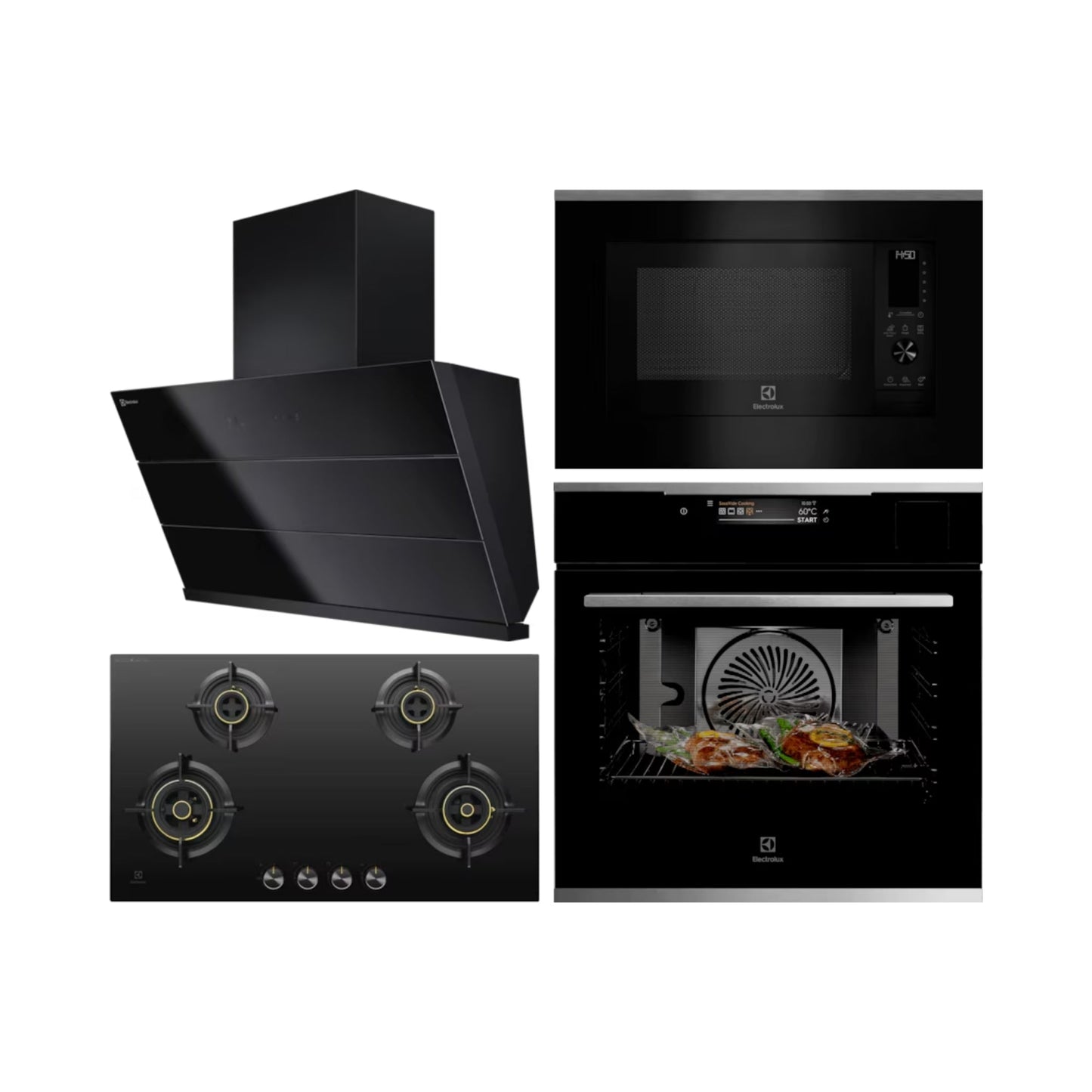 Electrolux Built In Oven with Full Steam Function UltimateTaste 900 KOAAS31X + Electrolux Built-In Convection Microwave with Air Fryer UltimateTaste 900 EMSB30XCF + Electrolux 90 cm Wall Mounted Chimney UltimateTaste 700 Series ECS9941GB + Electrolux 90 cm 4 Burner Hob UltimateTaste 300 EHG9430BCI