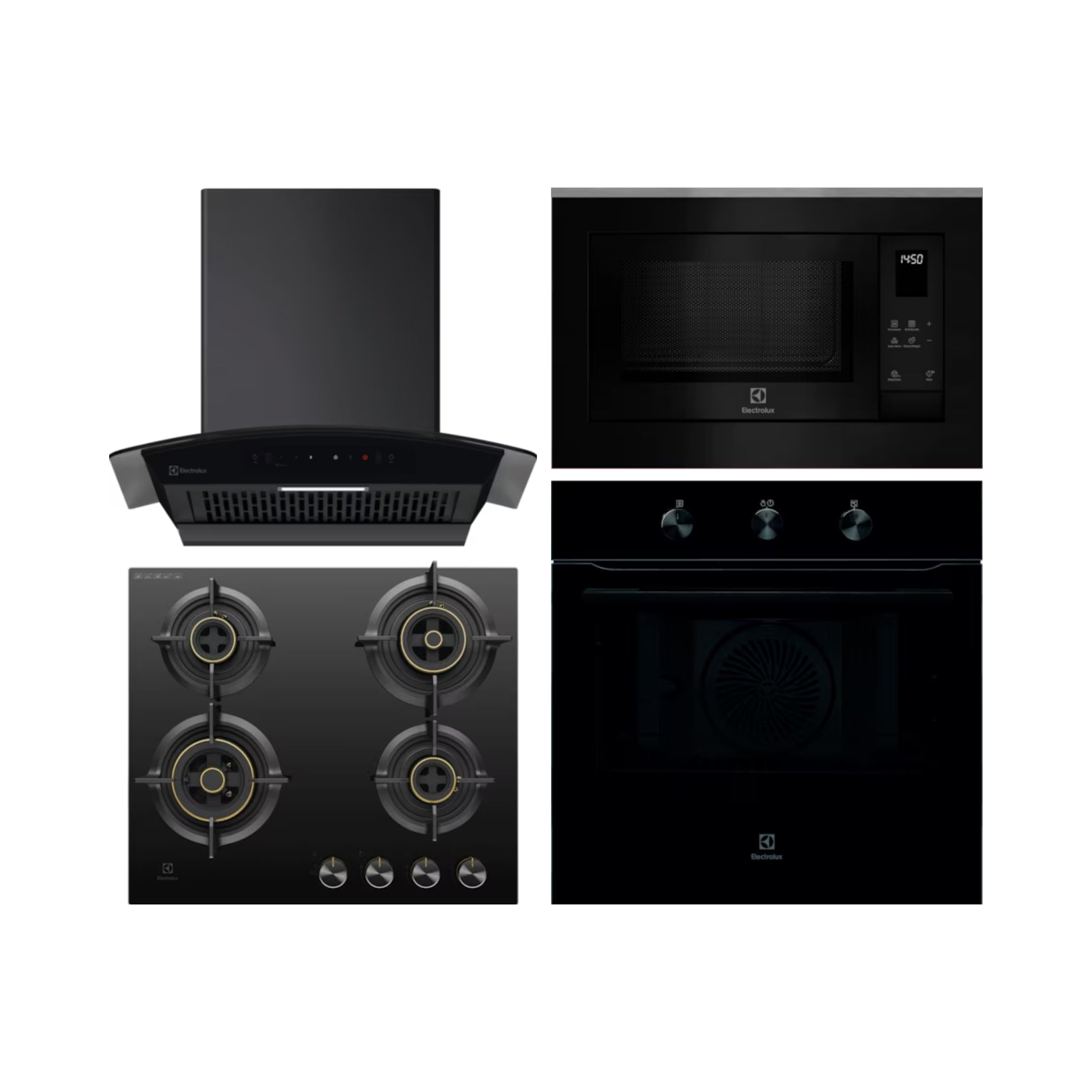 Electrolux Built In Oven UltimateTaste 300 KOHLH00KA + Electrolux Built-In Microwave UltimateTaste 500 EMSB25XG + Electrolux 60 cm Wall Mounted Chimney UltimateTaste 700 Series ECC6841GB + Electrolux 60 cm 4 Burner Hob UltimateTaste 300 EHG6430BC
