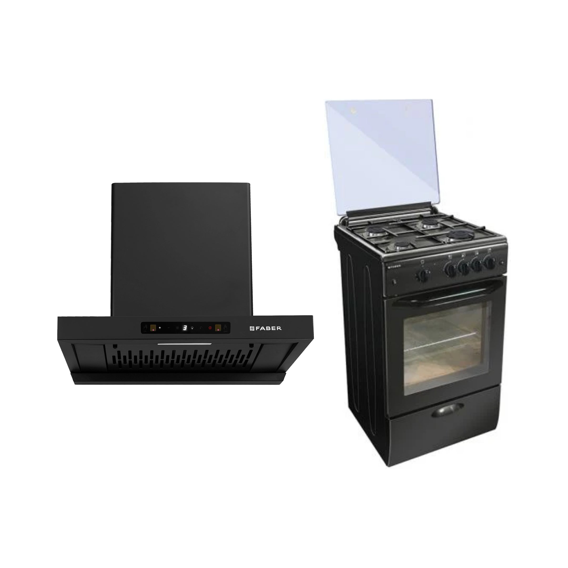 Faber 60 cm Wall Mounted Chimney Charm Series HOOD CHARM BLDC HC SC FL BK IN 60 T + Faber Cooking Range FCR 44L 4B 4FBK