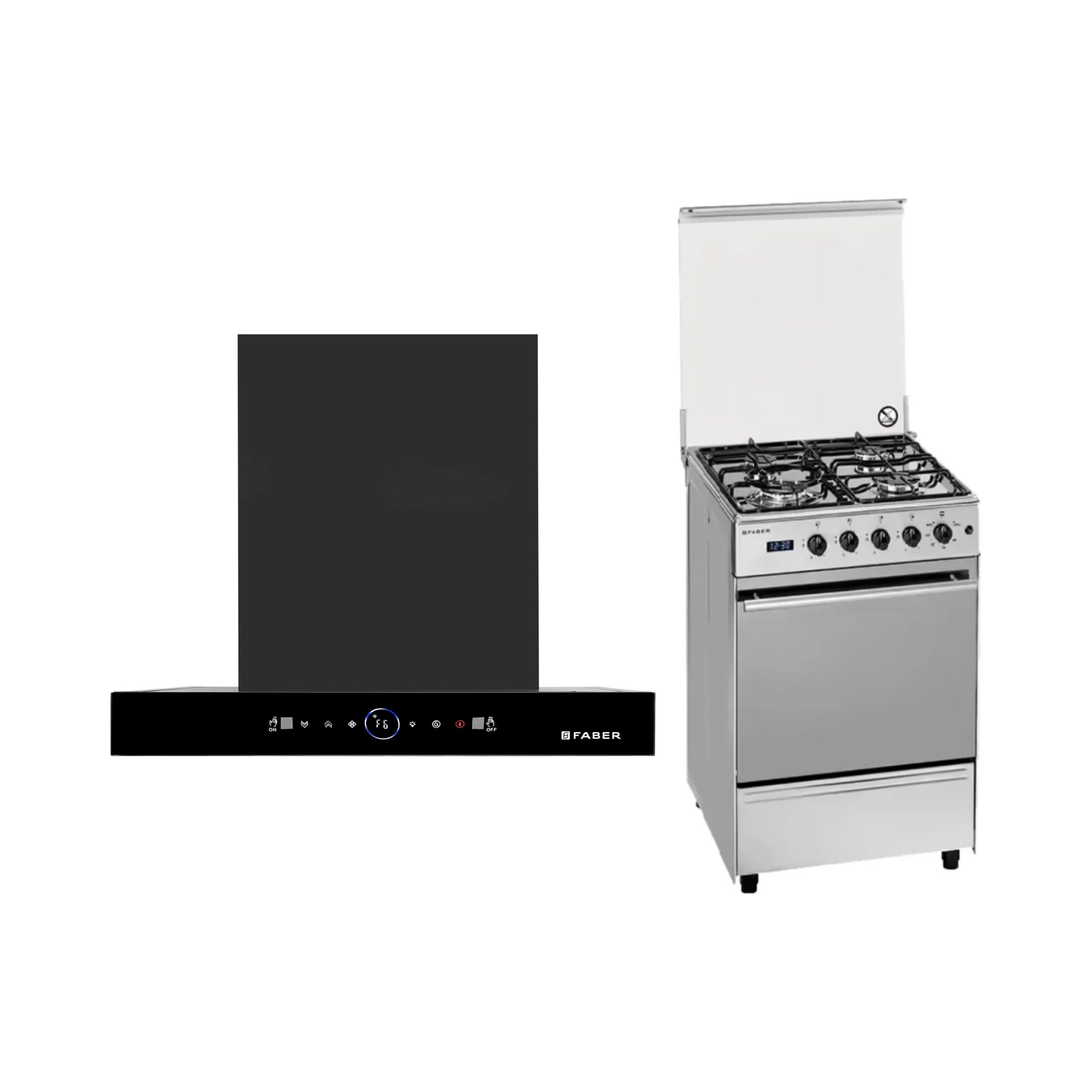 Faber 60 cm Wall Mounted Chimney Gen-I Series DAZZLE BLDC FL HC BK 60 + Faber Cooking Range FCR 52L 4B BEG