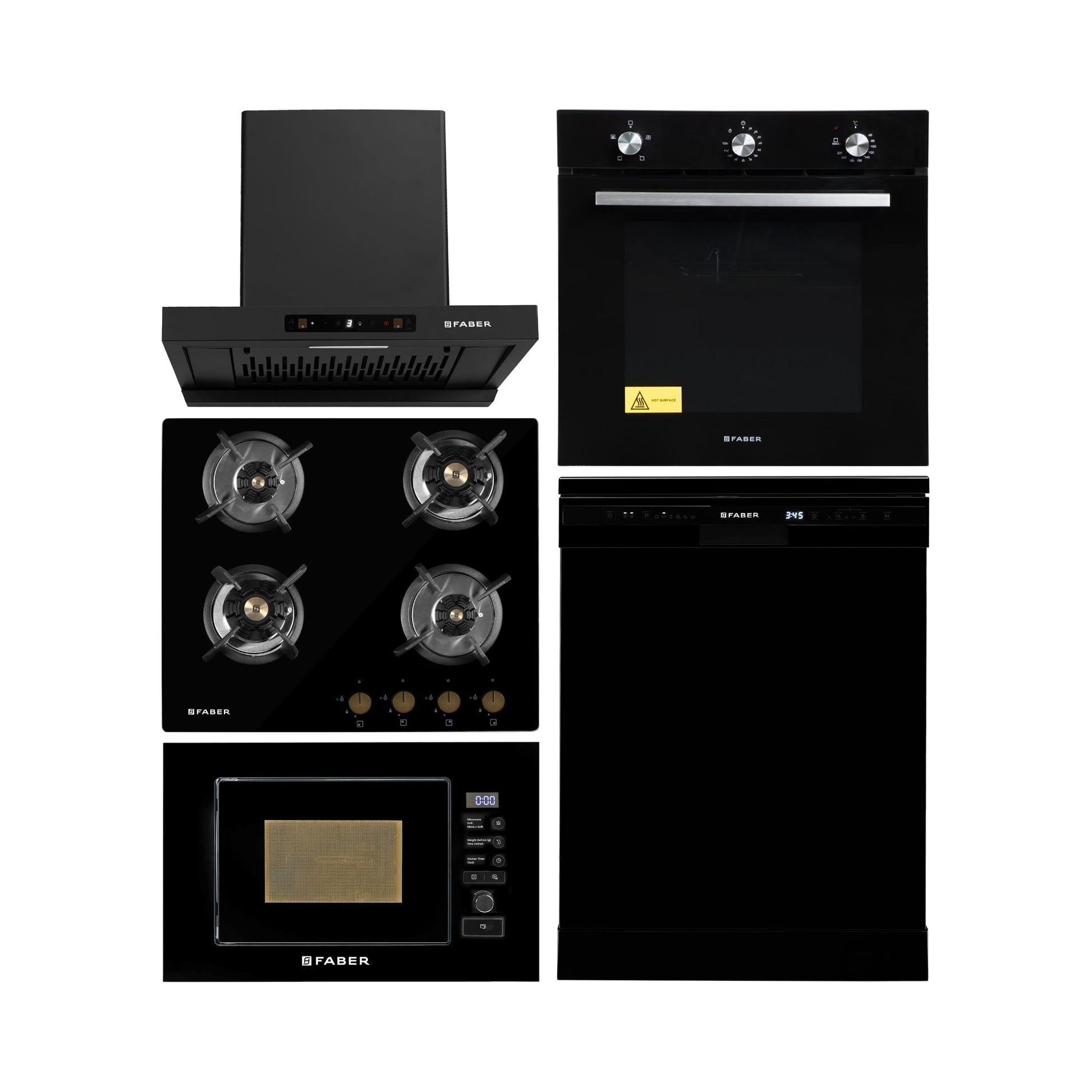 Faber Built In Oven FBIO 80L 4F BK + Faber Built-In Microwave FBI MWO 20 SG BK + Faber 60 cm Wall Mounted Chimney Charm Series HOOD CHARM BLDC HC SC FL BK IN 60 T + Faber 60 cm 4 Burner Hob Maxus Series MAXUS HT 604 CRS BR CI AI + Faber Free Standing Dishwasher FFSD 6PR 12S NEO BK with 12 Place Settings