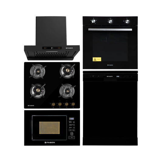 Faber Built In Oven FBIO 80L 4F BK + Faber Built-In Microwave FBI MWO 20 SG BK + Faber 60 cm Wall Mounted Chimney Charm Series HOOD CHARM BLDC HC SC FL BK IN 60 T + Faber 60 cm 4 Burner Hob Maxus Series MAXUS HT 604 CRS BR CI AI + Faber Free Standing Dishwasher FFSD 6PR 12S NEO BK with 12 Place Settings