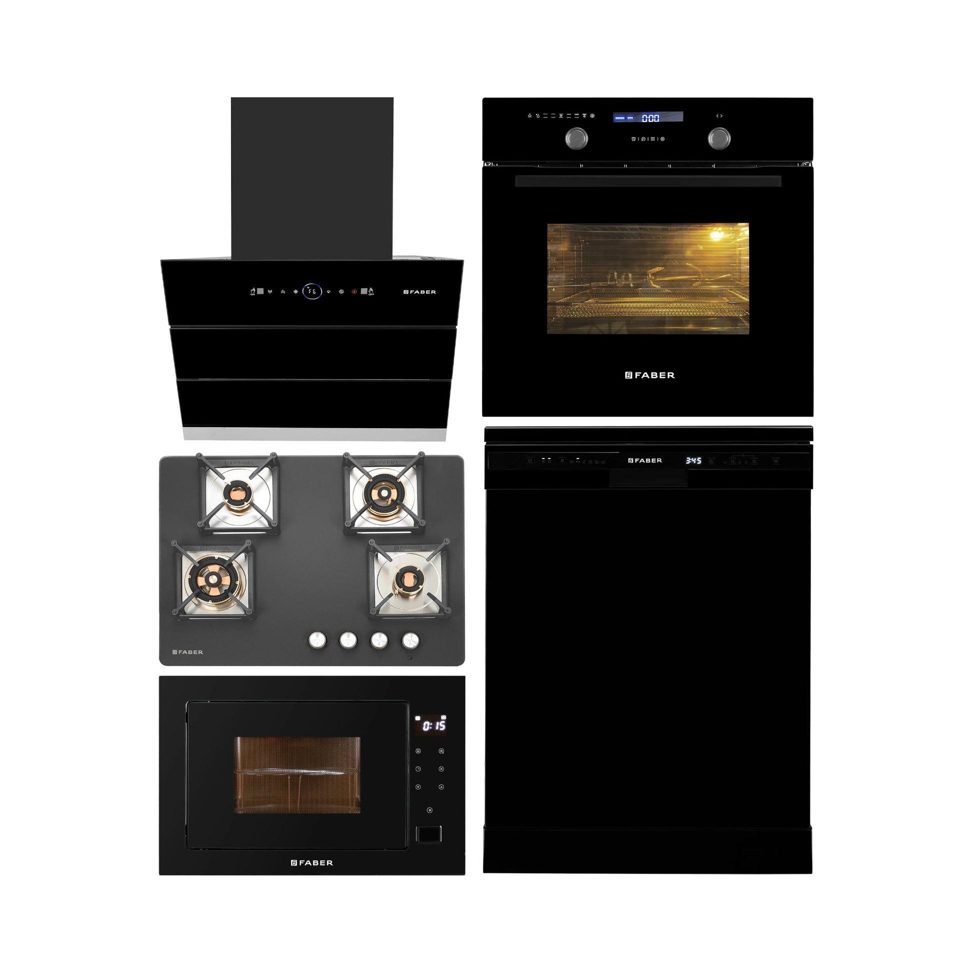 Faber Built In Oven FBIO 82L 11F AF BK + Faber Built-In Microwave FBI MWO 25 SG + Faber 60 cm Wall Mounted Chimney Gen-I Series COMET BLDC FL HC BK 60 + Faber 70 cm 4 Burner Hob Bella Series BELLA HT 704 BR AI + Faber Free Standing Dishwasher FFSD 6PR 12S NEO BK with 12 Place Settings