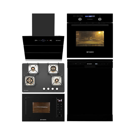 Faber Built In Oven FBIO 82L 11F AF BK + Faber Built-In Microwave FBI MWO 25 SG + Faber 60 cm Wall Mounted Chimney Gen-I Series COMET BLDC FL HC BK 60 + Faber 70 cm 4 Burner Hob Bella Series BELLA HT 704 BR AI + Faber Free Standing Dishwasher FFSD 6PR 12S NEO BK with 12 Place Settings