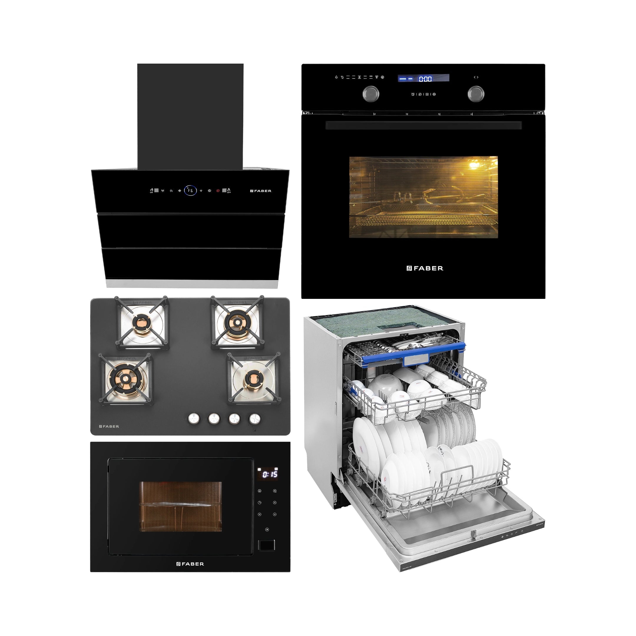 Faber Built In Oven FBIO 82L 11F AF BK + Faber Built-In Microwave FBI MWO 25 SG + Faber 60 cm Wall Mounted Chimney Gen-I Series COMET BLDC FL HC BK 60 + Faber 70 cm 4 Burner Hob Bella Series BELLA HT 704 BR AI + Faber Built In Dishwasher FBID 8PR 14S with 14 Place Settings