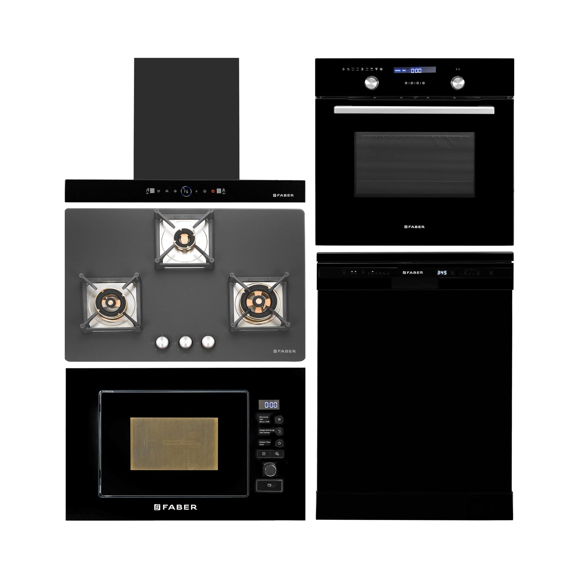 Faber Built In Oven FBIO 75L 9F BK + Faber Built-In Microwave FBI MWO 20 SG BK + Faber 75 cm Wall Mounted Chimney Gen-I Series DAZZLE BLDC FL HC BK 75 + Faber 75 cm 3 Burner Hob Bella Series BELLA HT 753 BR AI + Faber Free Standing Dishwasher FFSD 6PR 12S NEO BK with 12 Place Settings