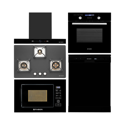 Faber Built In Oven FBIO 75L 9F BK + Faber Built-In Microwave FBI MWO 20 SG BK + Faber 75 cm Wall Mounted Chimney Gen-I Series DAZZLE BLDC FL HC BK 75 + Faber 75 cm 3 Burner Hob Bella Series BELLA HT 753 BR AI + Faber Free Standing Dishwasher FFSD 6PR 12S NEO BK with 12 Place Settings