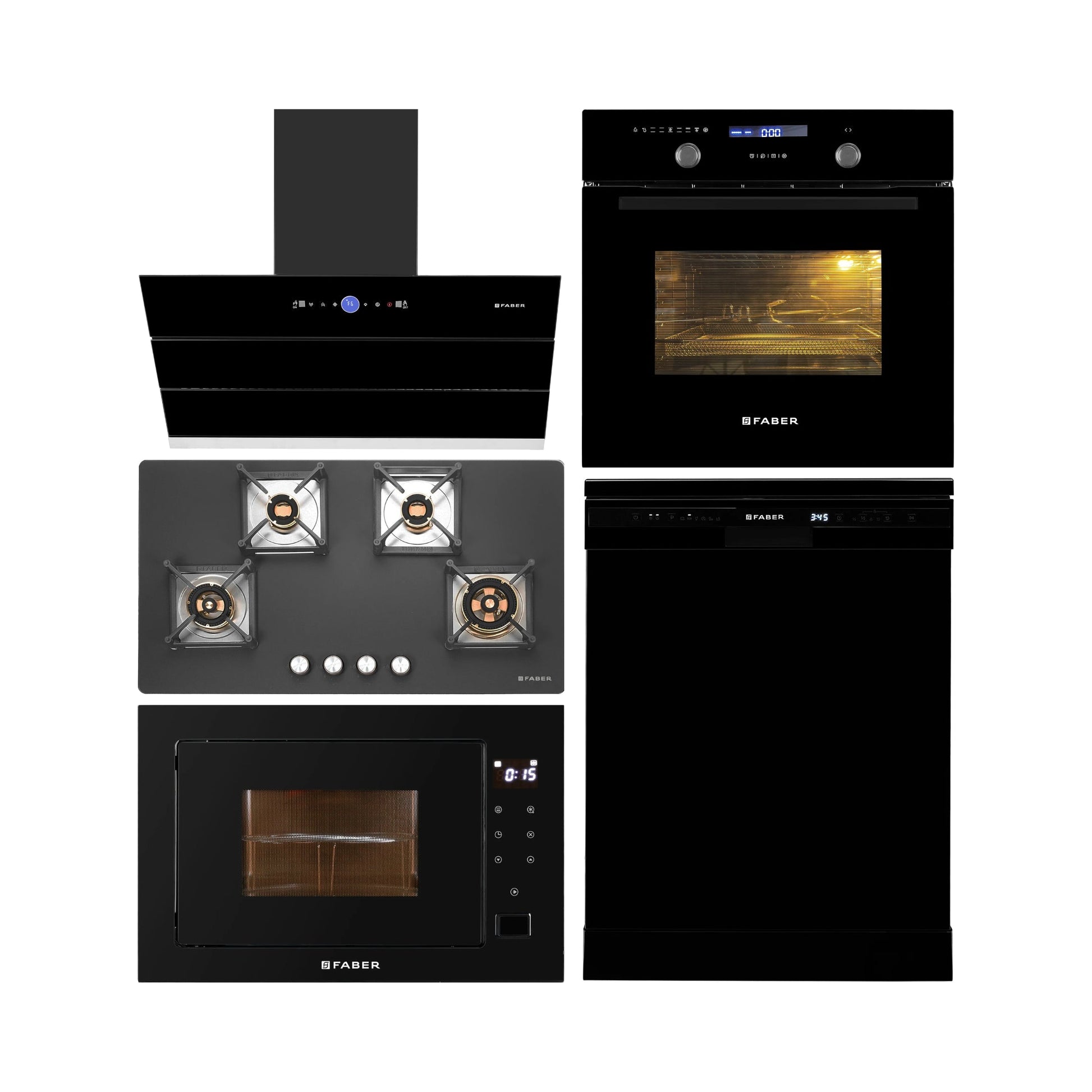 Faber Built In Oven FBIO 82L 11F AF BK + Faber Built-In Microwave FBI MWO 25 SG + Faber 90 cm Wall Mounted Chimney Gen-I Series COMET BLDC FL HC BK 90 + Faber 90 cm 4 Burner Hob Bella Series BELLA HT 904 BR AI FFD + Faber Free Standing Dishwasher FFSD 6PR 12S NEO BK with 12 Place Settings